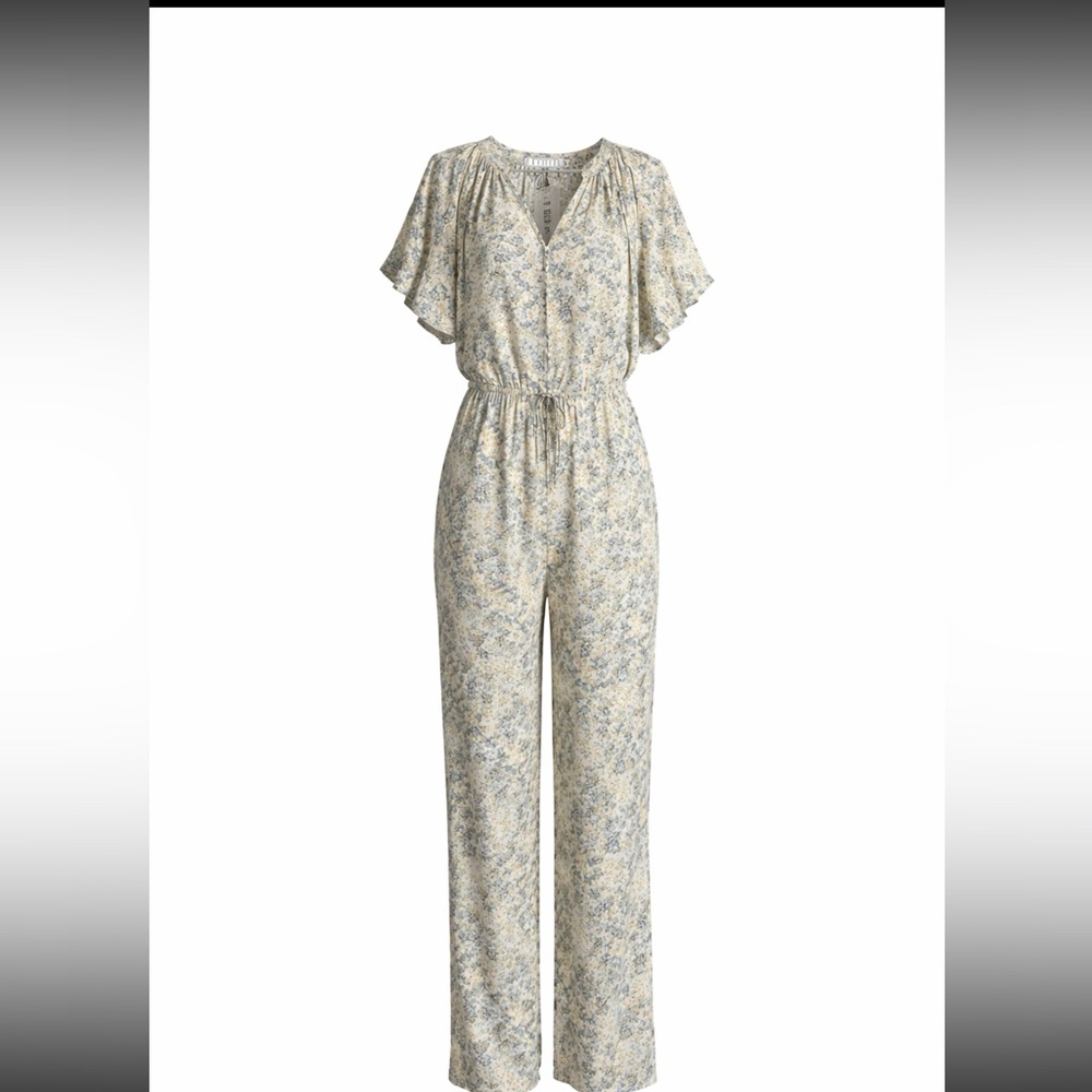 Gaudie Cream Blue Floral Wide Leg Jumpsuit Tie Waist Flutter Sleeve M